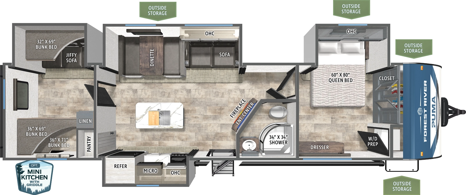 The Puma 32BHFS floorplan has one entry and four slide outs. Exterior features include: metal exterior, 21' awning and outside kitchen. Interiors features include: bunk beds, kitchen island and front bedroom.
